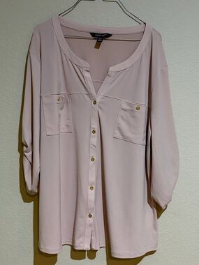 Ellen Tracy Women’s Pink Blouse XL 3/4 Sleeve Gold Button Stretch Top 23” Pit